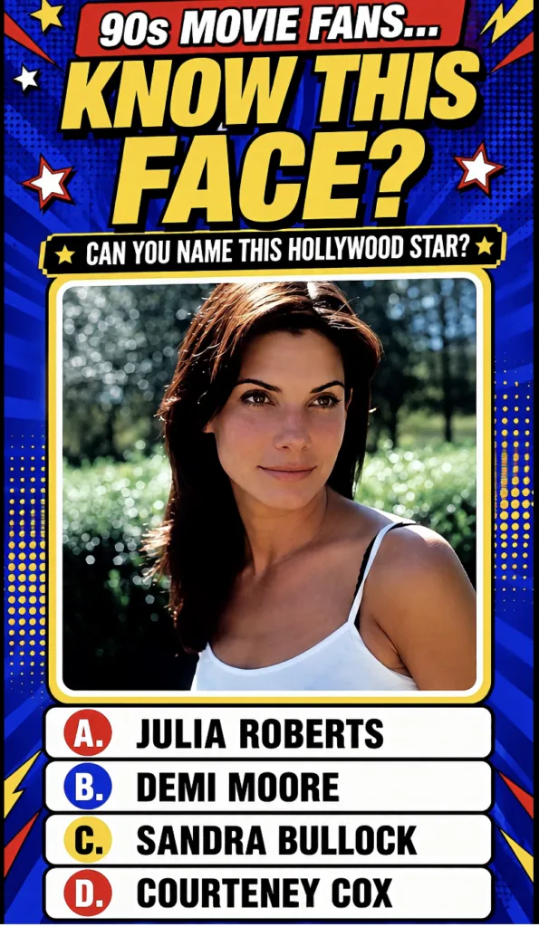 A retro-themed quiz graphic featuring a head-and-shoulders portrait of a young Sandra Bullock in a white tank top with K