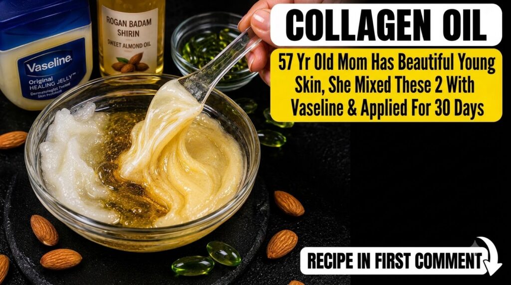 A transparent spatula gently mixing creamy white Vaseline with golden sweet almond oil and green liquid from vitamin E c