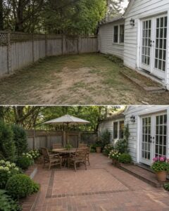 A beautiful cozy brick patio with a round dining table and chairs surrounded by potted plants and string lights suggesti