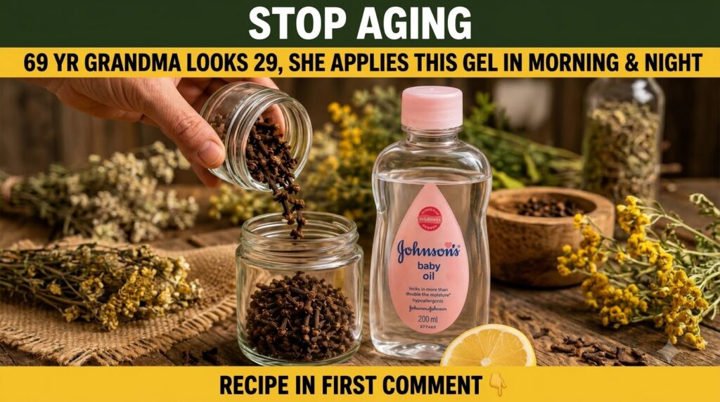 A hand gently pouring dried cloves from a small glass jar into another with a bottle of baby oil a wooden bowl of cloves