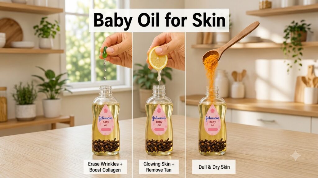 A vertical triptych showing three hands preparing different baby oil skincare remedies one adding a green capsule anothe