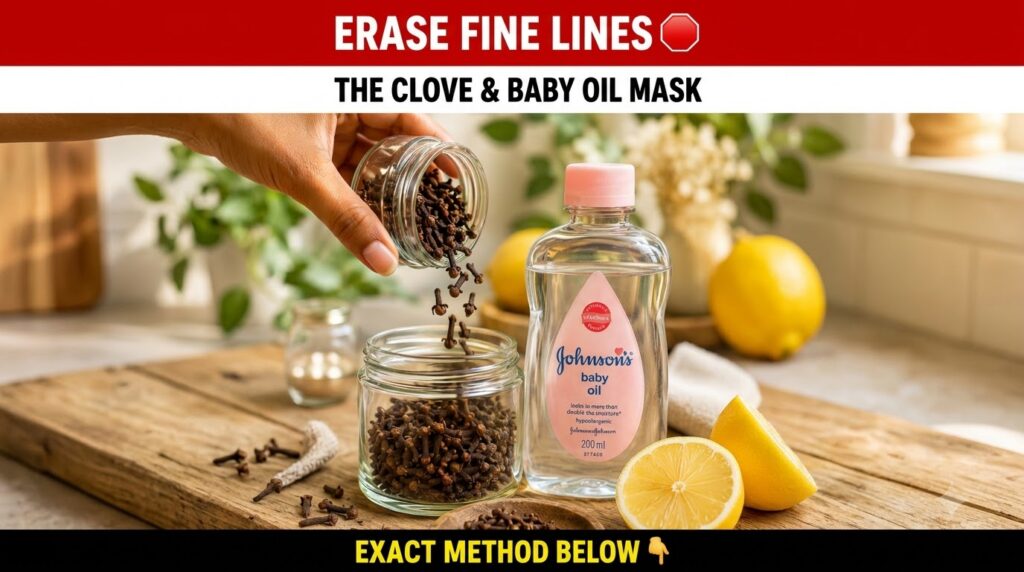 A hand pouring dried cloves from one small glass jar into another with a bottle of Johnson s baby oil and a cut lemon ha