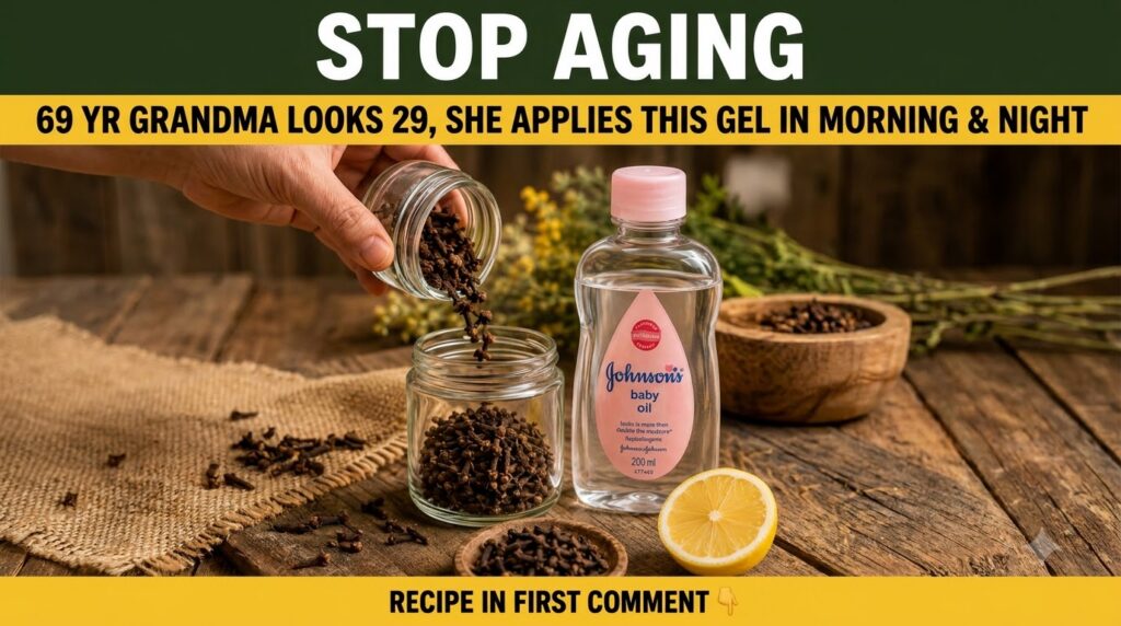 A hand pouring whole cloves from one glass jar into another with a bottle of baby oil and a lemon on a rustic wooden sur
