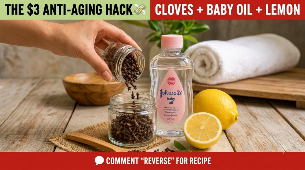 A flat lay of ingredients for a DIY anti-aging hack cloves baby oil Johnson s brand and half a lemon A hand is pouring c