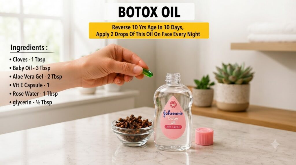 Ingredients for homemade Botox Oil including a bottle of baby oil a bowl of cloves and a hand holding a green Vitamin E 