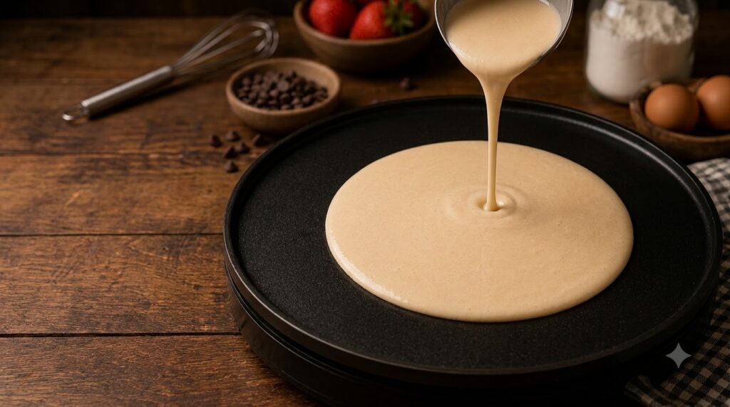 A metal ladle pouring a stream of pancake batter onto a black circular griddle with a round pool of batter already forme