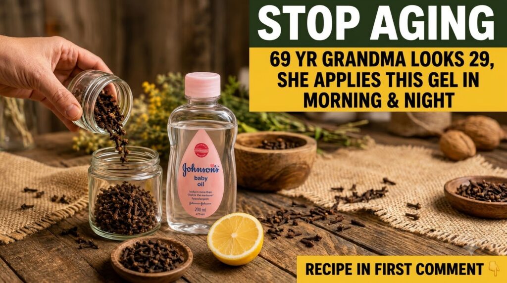 A hand pouring whole cloves from a glass jar into another clear jar with a bottle of Johnson s baby oil a wooden bowl of