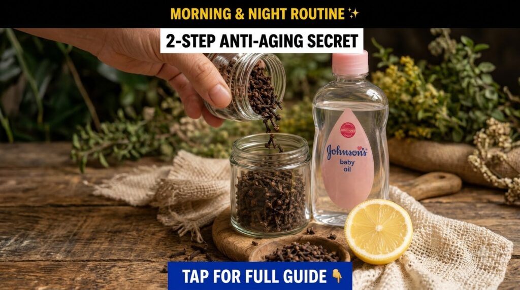 Dried cloves being poured from one glass jar into another a bottle of Johnson s baby oil and a fresh lemon slice on a ru