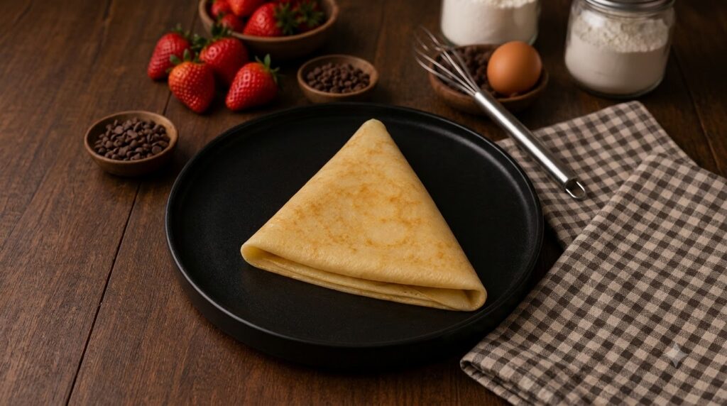 A beautifully folded golden vegan crepe on a dark plate surrounded by fresh strawberries chocolate chips and baking ingr