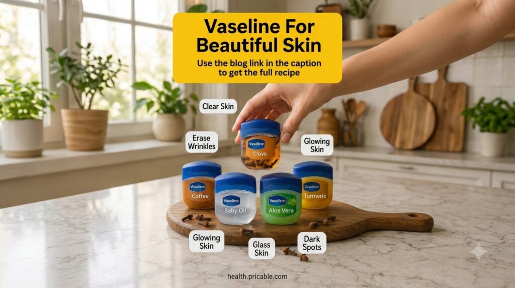 A collection of five small jars of Vaseline each customized with a different natural ingredient like coffee aloe vera tu