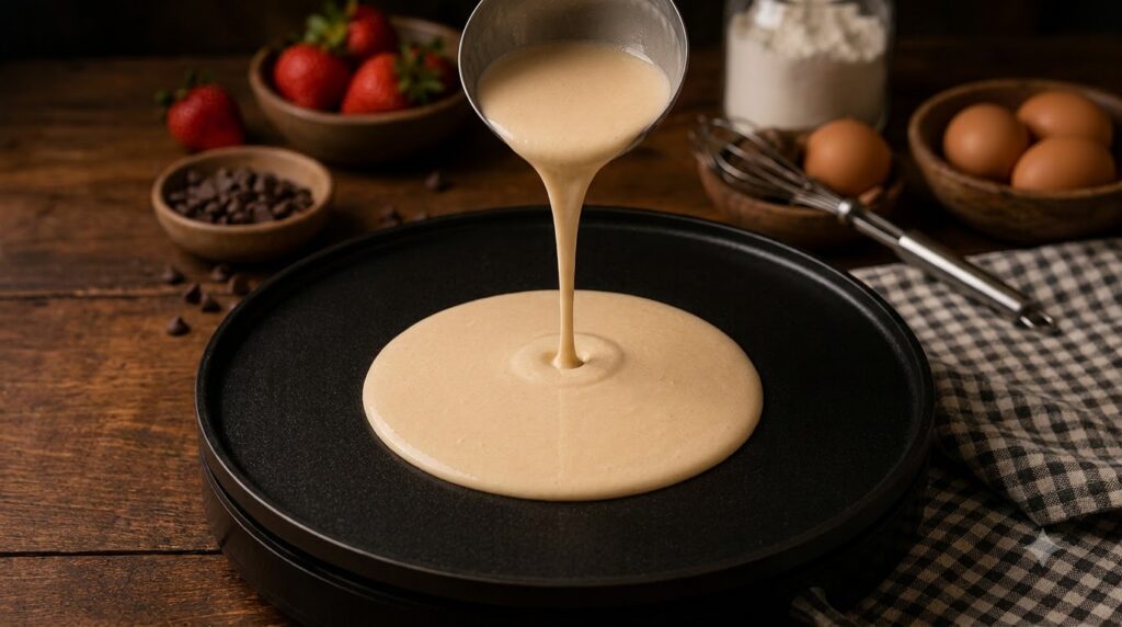 A close-up of a ladle pouring golden pancake batter onto a black circular griddle In the blurred background fresh strawb
