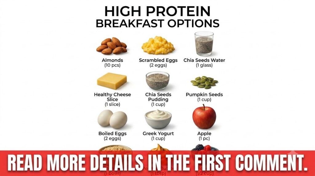 A grid-based infographic titled HIGH PROTEIN BREAKFAST OPTIONS with nine distinct food items each with a name and sugges