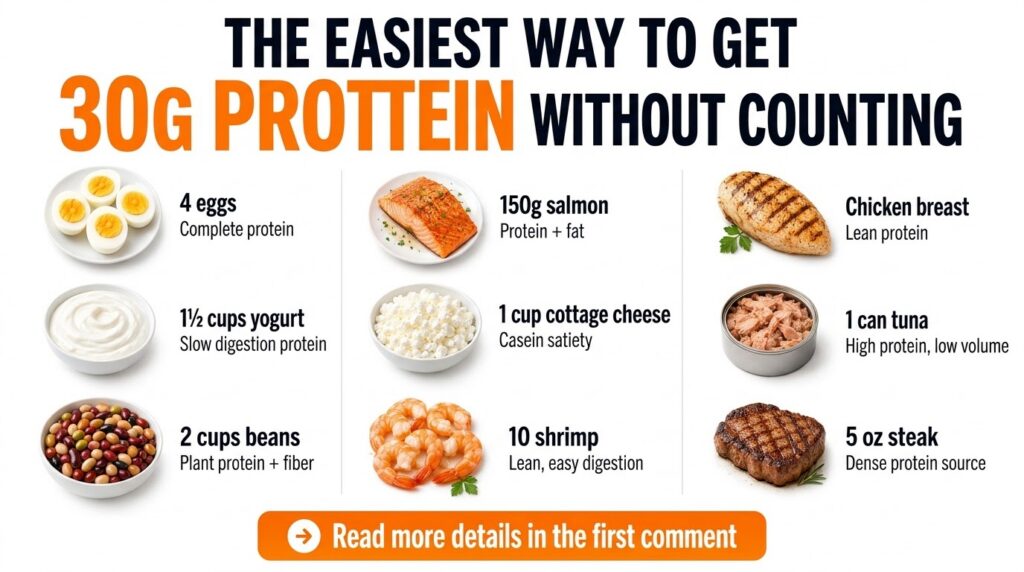 An infographic displaying nine common food items each portioned to provide approximately 30g of protein arranged in a 3x
