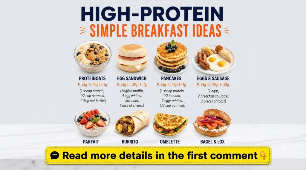 An infographic titled HIGH-PROTEIN SIMPLE BREAKFAST IDEAS with eight different high-protein breakfast options each with 