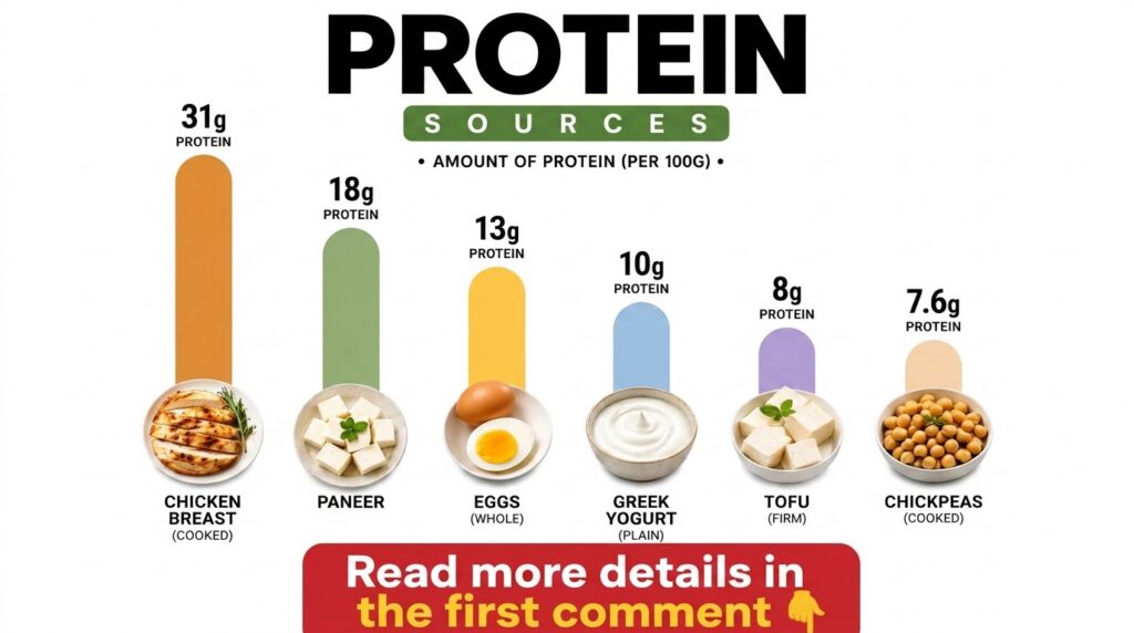 An infographic titled PROTEIN SOURCES showing protein content per 100g for chicken breast paneer eggs Greek yogurt tofu 