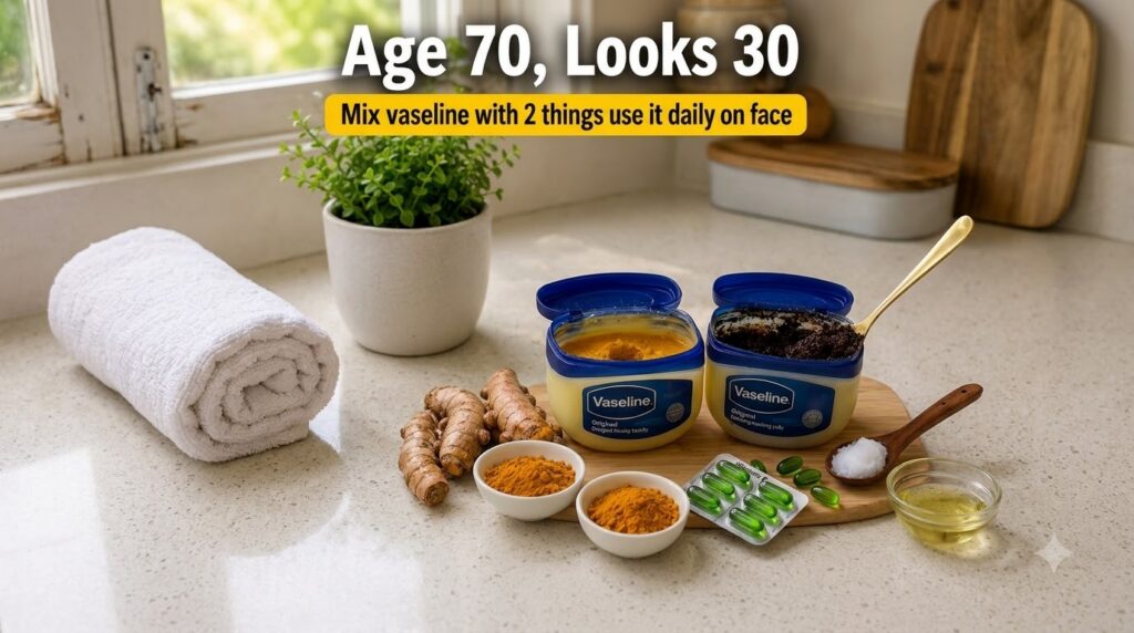 A flat lay arrangement of ingredients for a homemade skincare recipe featuring two open Vaseline jars one with yellow tu