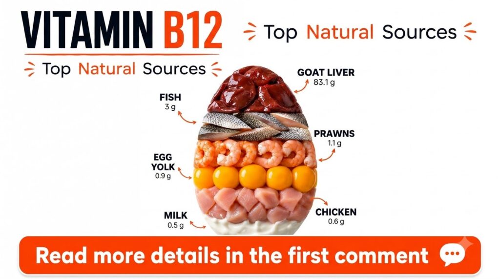 An infographic illustrating natural sources of Vitamin B12 showing various foods like goat liver fish prawns eggs chicke