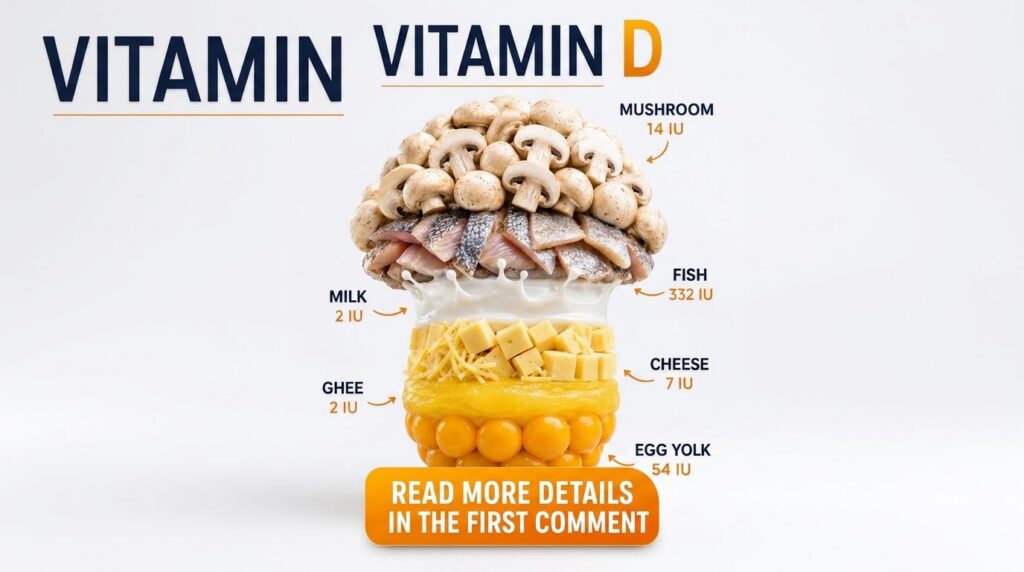 An infographic displaying various natural Vitamin D sources mushrooms fish fillets milk cheese ghee and egg yolks with t