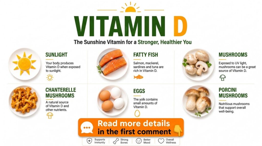 A brightly lit infographic showcasing various sources of Vitamin D including sun salmon mushrooms and eggs on white plat