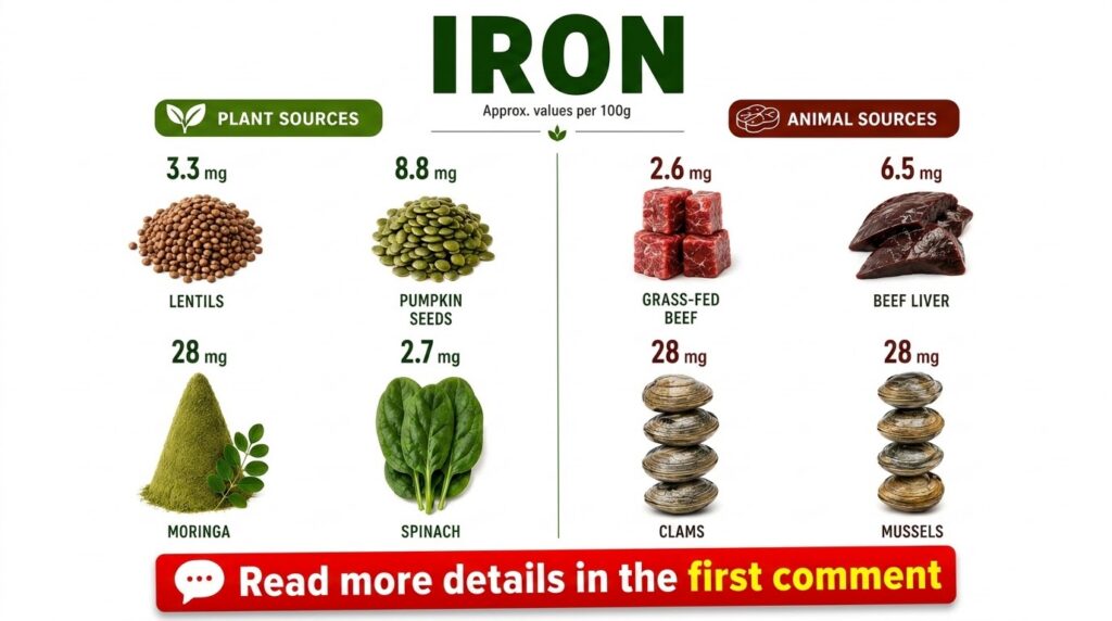 Infographic comparing iron content in plant vs animal sources lentils pumpkin seeds moringa powder spinach grass-fed bee
