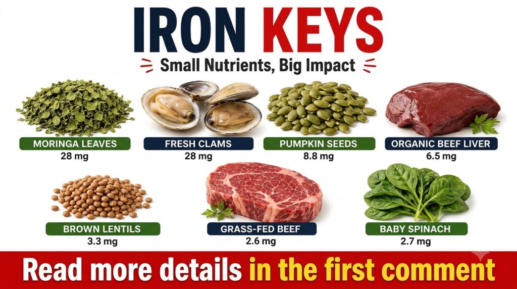 An informational graphic titled IRON KEYS Small Nutrients Big Impact presenting a grid of six different iron-rich foods
