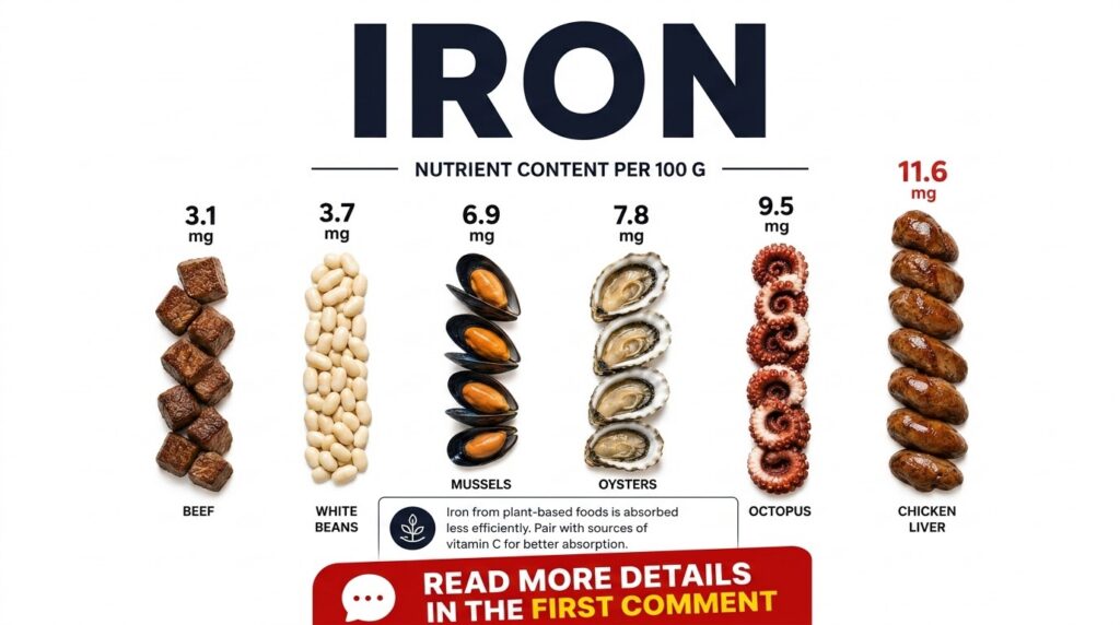 An infographic titled IRON showing iron content per 100g for Beef White Beans Mussels Oysters Octopus and Chicken Liver 