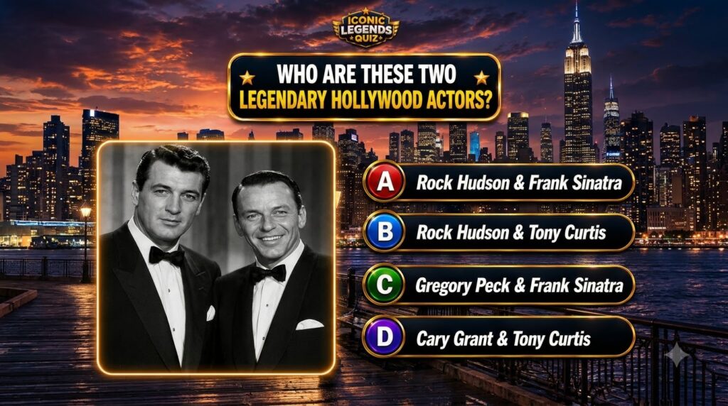 A black and white portrait of Rock Hudson and Frank Sinatra as seen in the quiz with a vibrant illuminated cityscape at