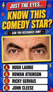 Comic-book style quiz poster with a close-up of Rowan Atkinson s eyes and four answer options below