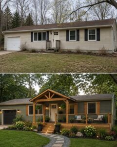 A beautiful ranch-style home transformed with a new covered front porch and lush layered landscaping in the foreground T