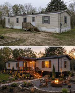 A beautifully landscaped manufactured home with a covered porch outdoor seating lush garden beds and a fire pit gatherin