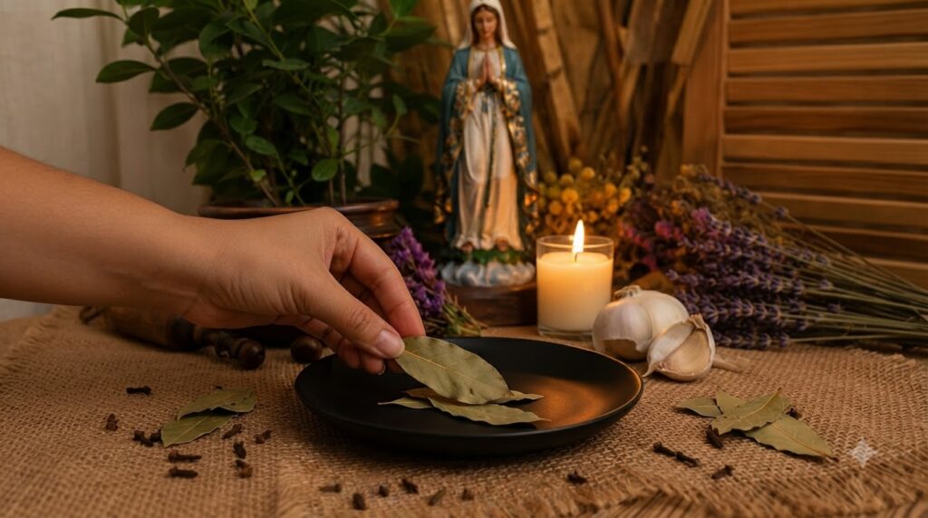 A hand placing bay leaves onto a black plate with a blurred background showing a lit candle garlic and dried flowers on