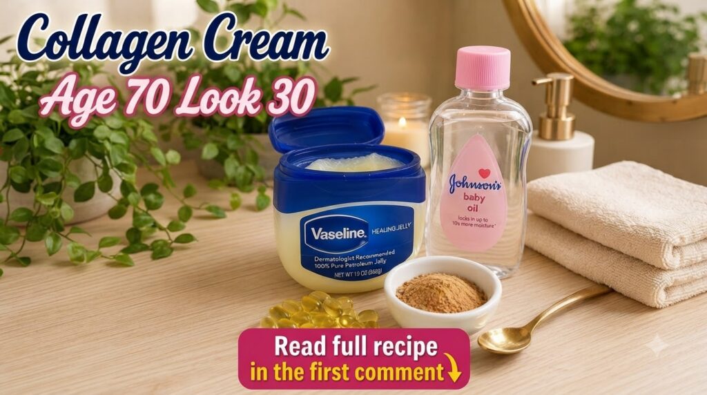 Ingredients for a DIY collagen-look cream laid out on a wooden surface including Vaseline baby oil almond powder in a bo