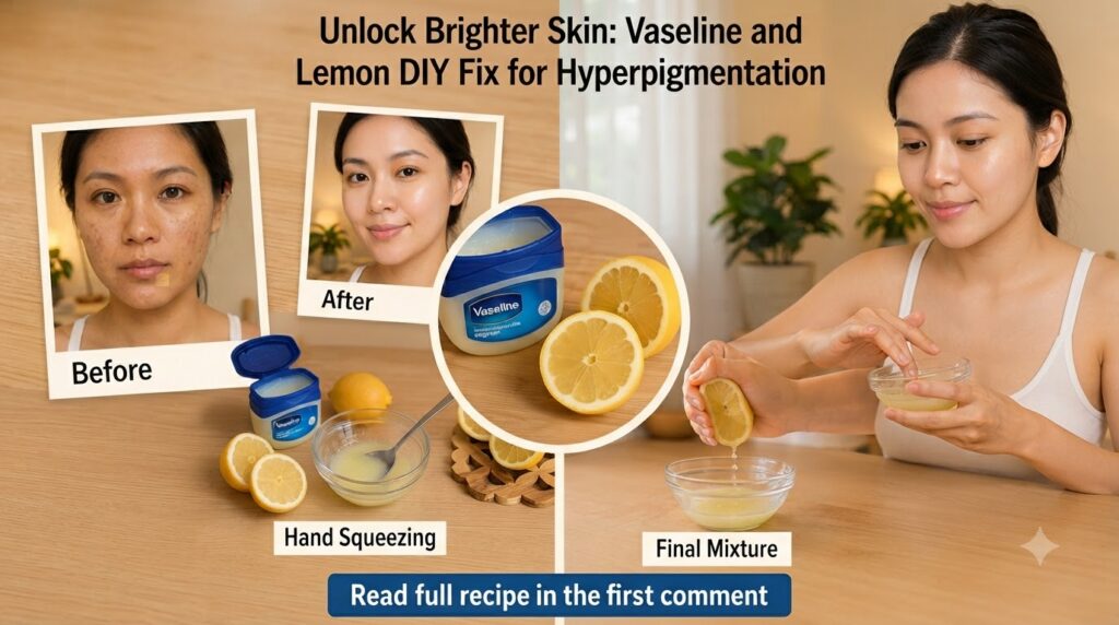 A before and after collage showing a woman s face with hyperpigmentation then with brighter smoother skin after using a 