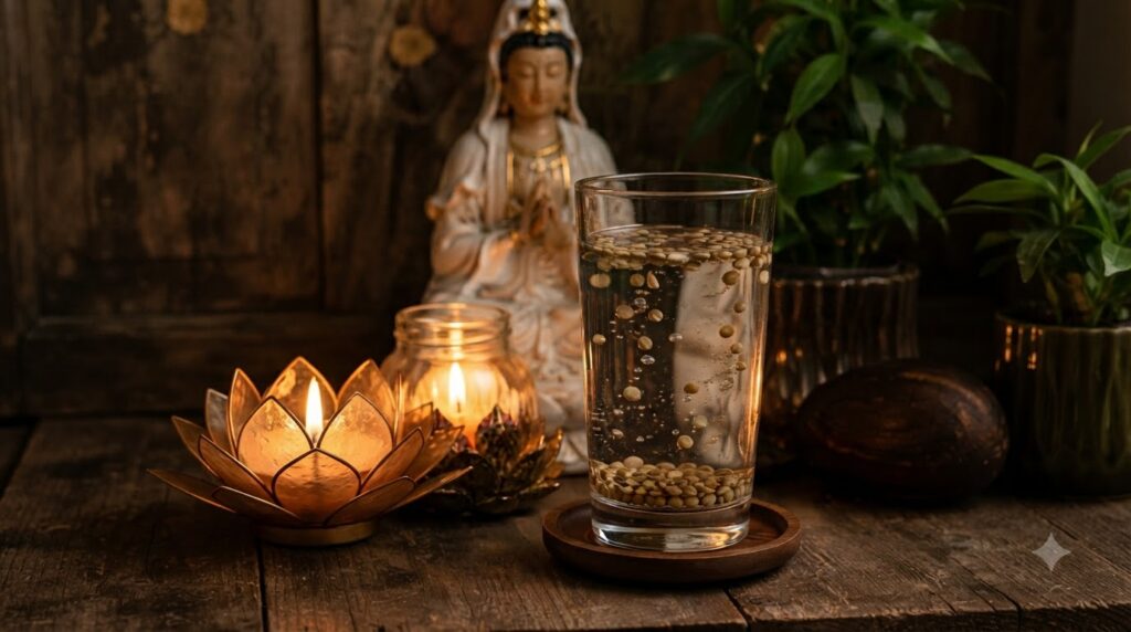A glass of water with lentils both floating and settled on a wooden coaster on a rustic table In the softly blurred back