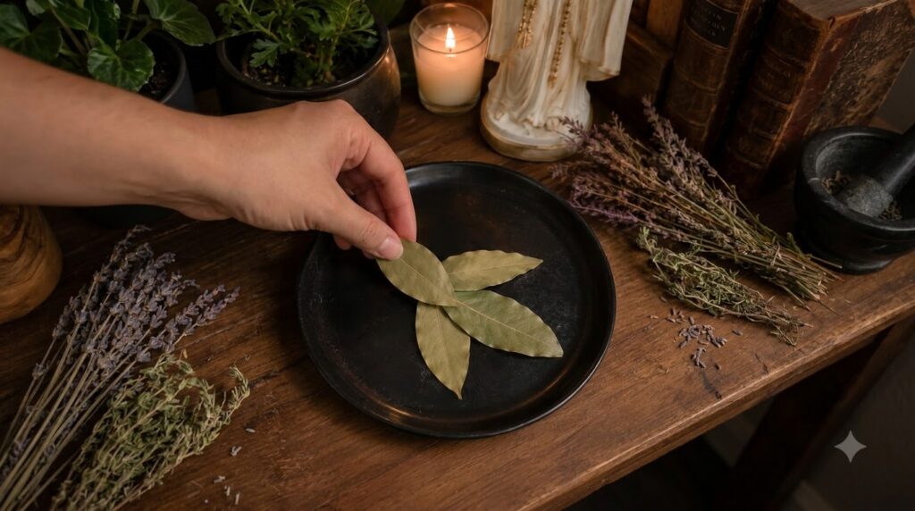 A hand gently placing a dried bay leaf onto a black plate with a lit candle and dried lavender in the background creatin
