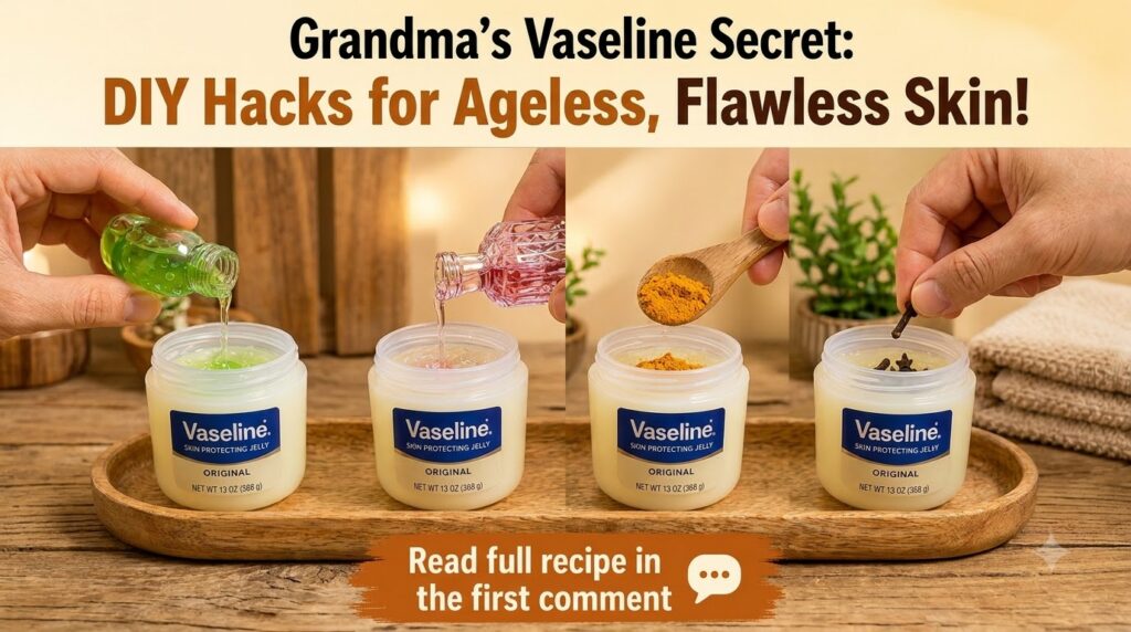 A 2x2 grid displaying four different DIY beauty hacks using Vaseline Each panel shows a hand adding a distinct natural i