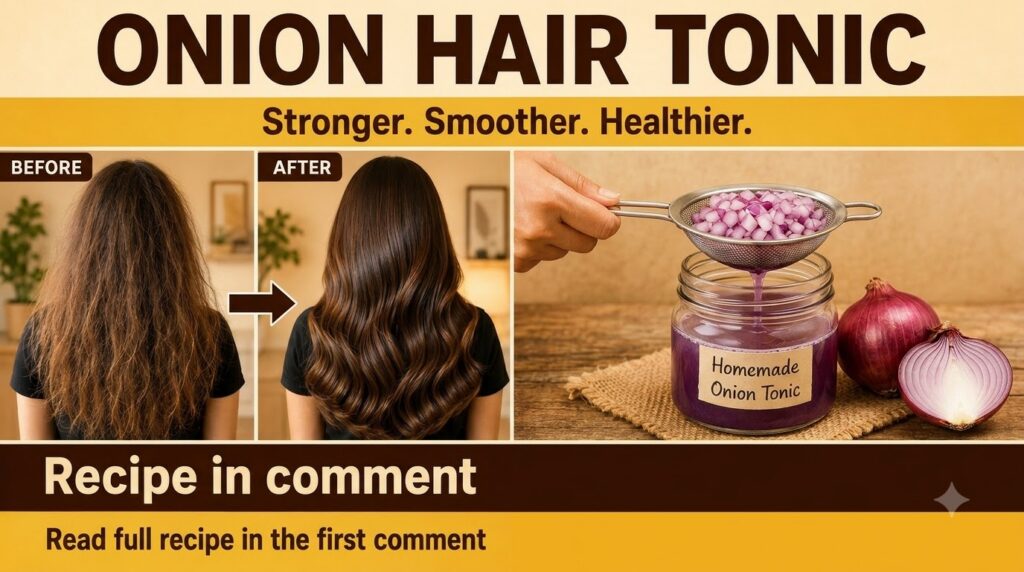 Infographic showing a before and after comparison of hair transforming from frizzy to smooth and wavy with chopped red o