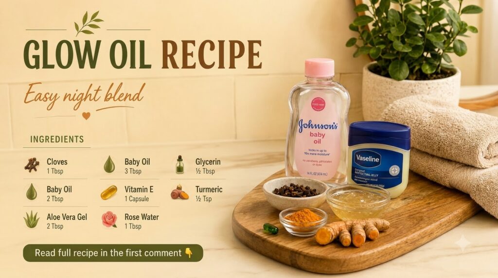 Ingredients for a natural glow oil including Johnson s Baby Oil Vaseline cloves turmeric and aloe vera gel arranged on a