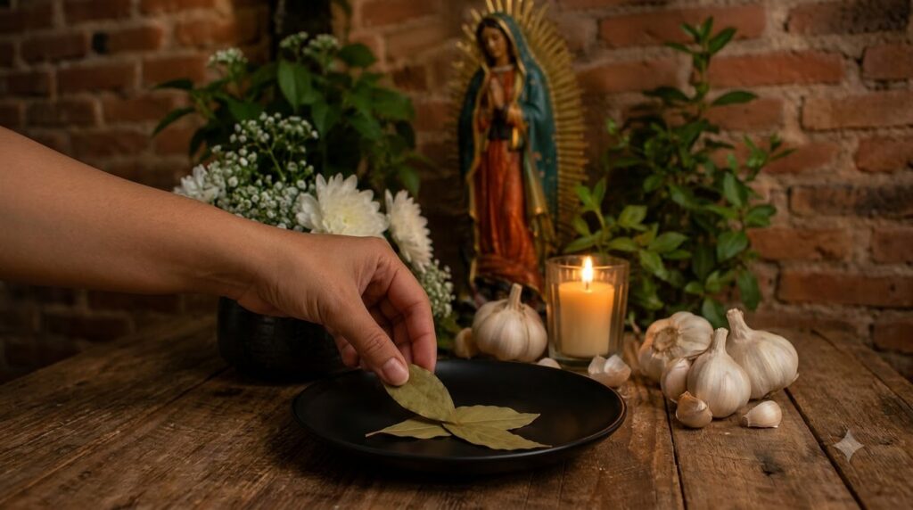 A hand gently placing dried bay leaves onto a black plate with a soft warm background featuring a flickering candle whit