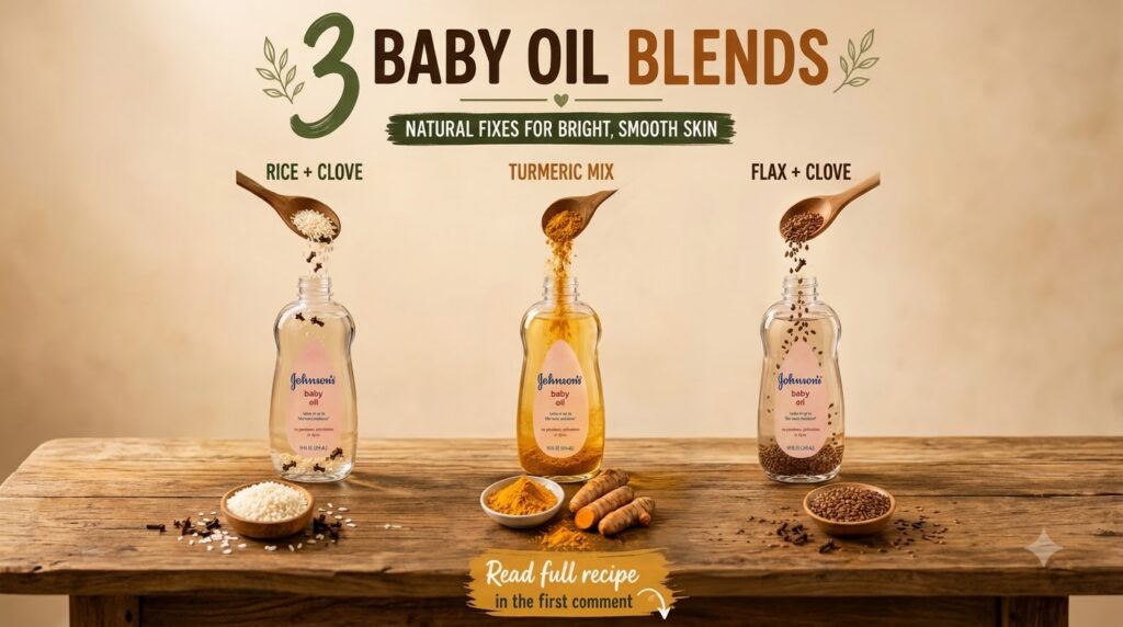 Three Johnson s baby oil bottles each containing a different natural skin blend rice and clove turmeric mix and flax and