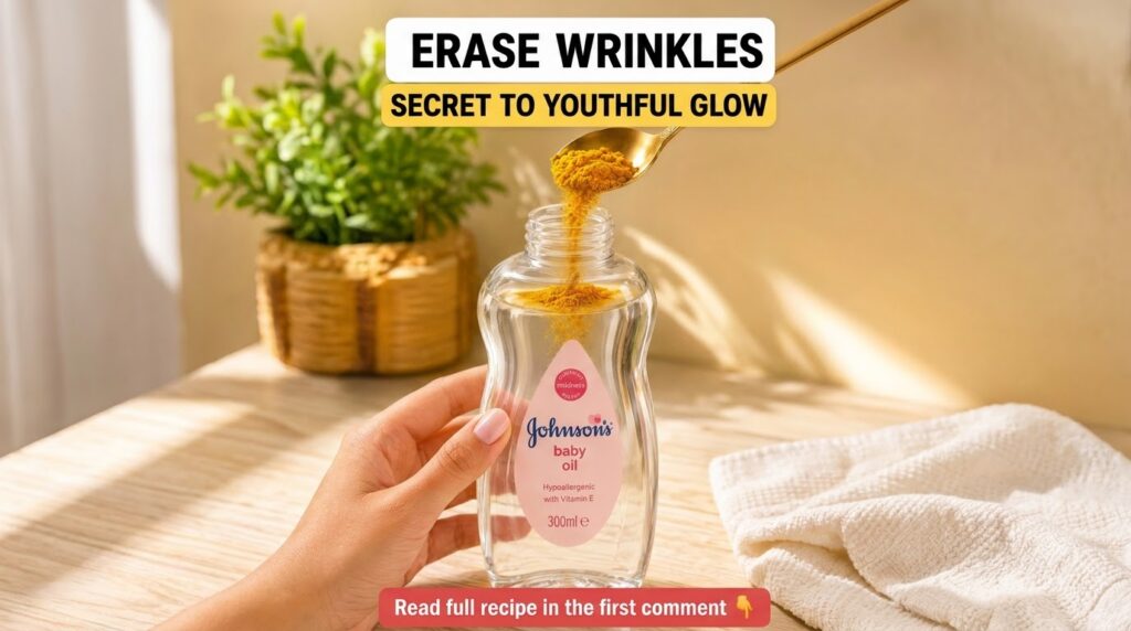 A hand holding a bottle of Johnson s baby oil with a golden spoon pouring yellow turmeric powder into the oil showing th