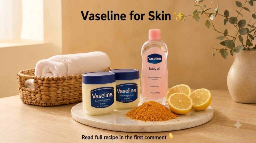 Flat lay of skincare ingredients including two jars of Vaseline cream a bottle of Vaseline baby oil a pile of turmeric p