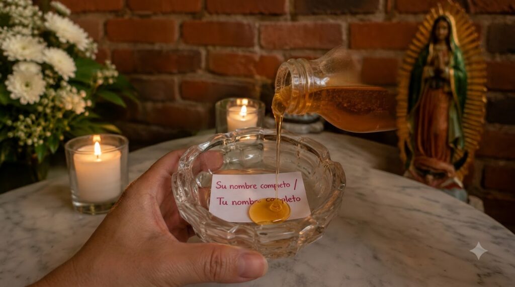 A hand pouring golden honey from a glass bottle into a clear dish partially covering a piece of paper In the blurred bac