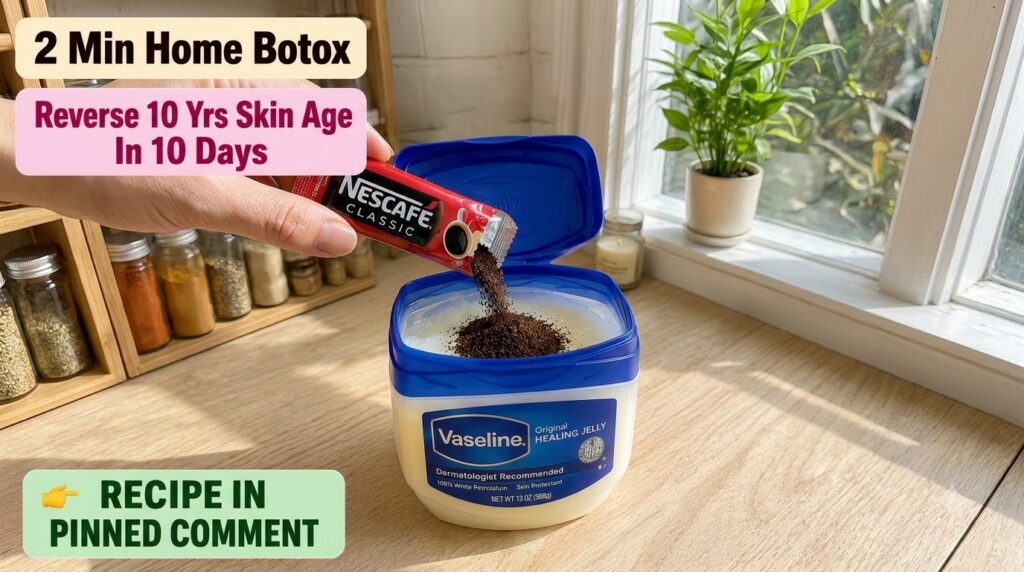 A hand pouring coffee granules into a tub of Vaseline Original Healing Jelly with a home botox claim suggested by the ac