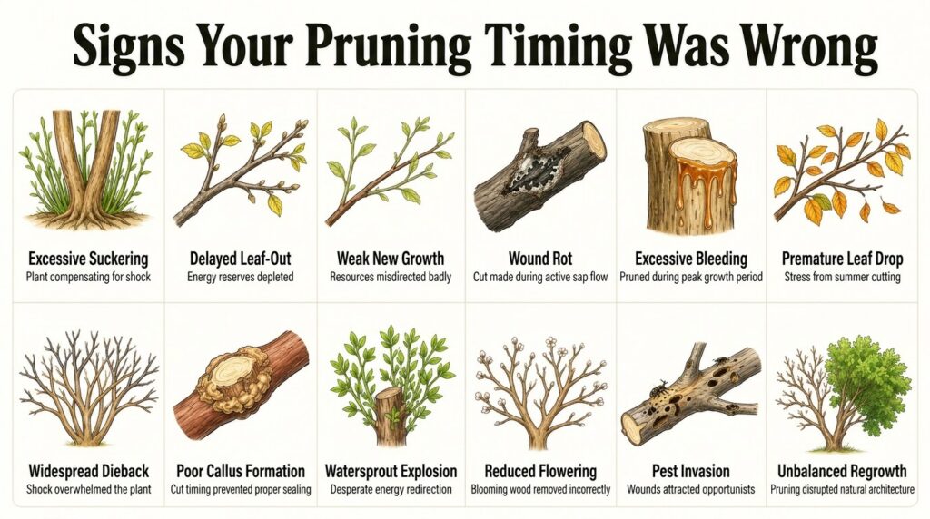 An educational infographic titled Signs Your Pruning Timing Was Wrong showing nine distinct plant issues in a 3x3 grid e