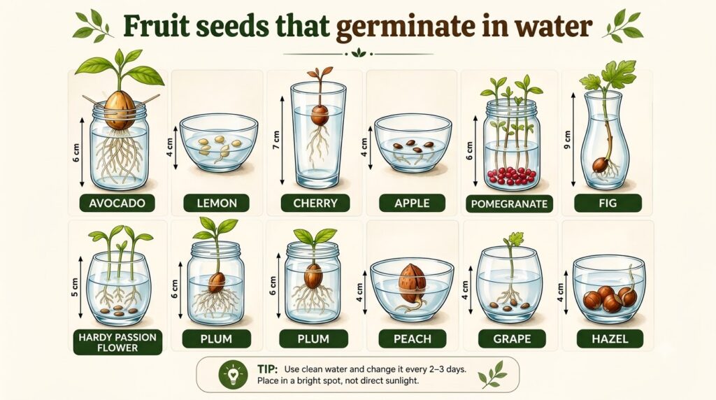An educational infographic displaying 12 different fruit seeds germinating in water each within a clear glass container 