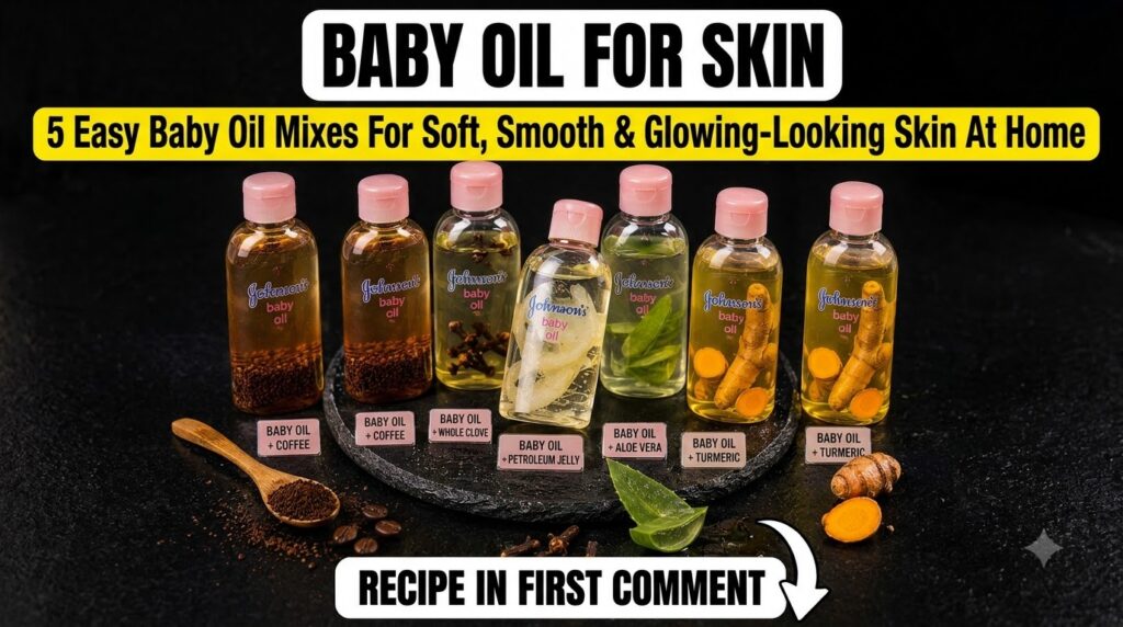 Five small bottles of baby oil each infused with natural ingredients coffee whole clove petroleum jelly aloe vera and tu