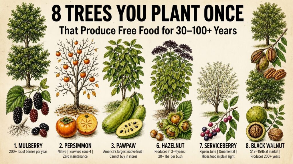 An infographic showing eight illustrations of fruit and nut-bearing trees Mulberry Persimmon Pawpaw Pecan Elderberry Haz