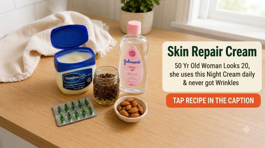 Various ingredients for a DIY night cream arranged on a wooden surface including an open jar of Vaseline a glass jar wit