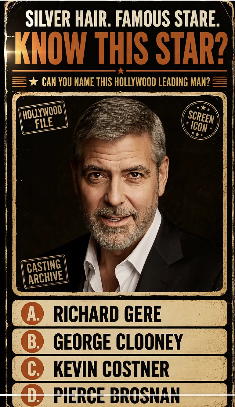 George Clooney with silver hair wearing a sophisticated dark suit and tie looking confidently at the camera at a red car